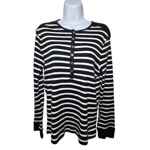 Chaps Black‎ White Striped Ribbed Half-Button Pullover Stretch LS Top L/XL NWT